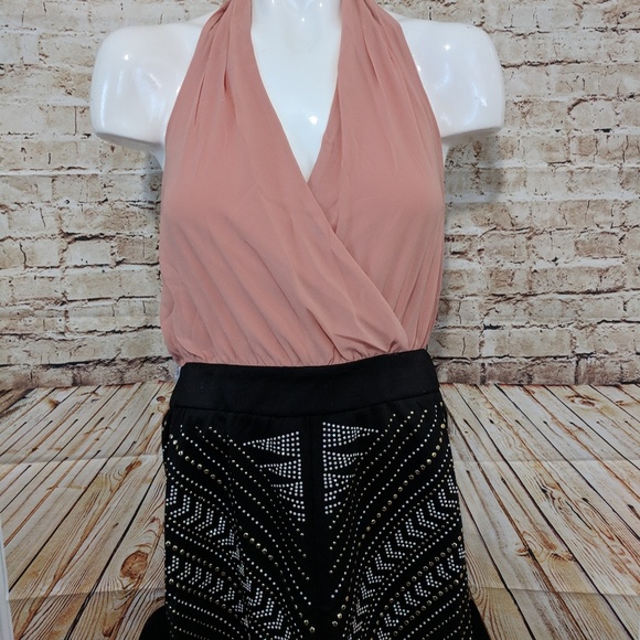 Trendy Studded Embellished Peach Halter Romper - Picture 7 of 8